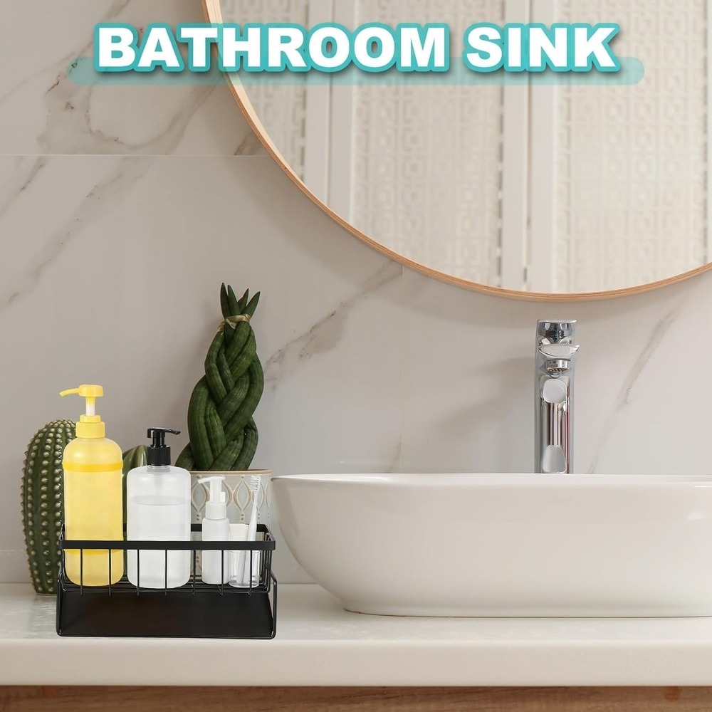 Black Metal‎ Sink Caddy Sponge Holder with Drip Tray and Adhesive Hooks